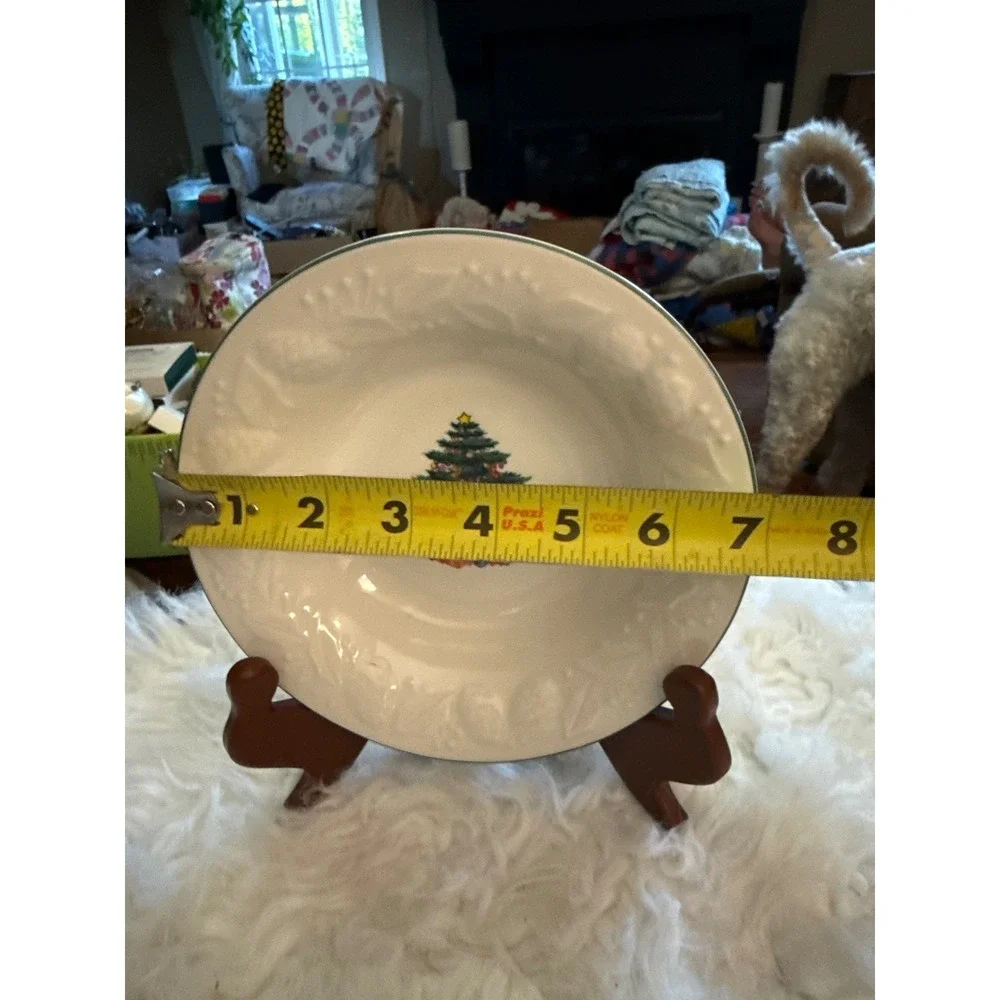 GTI Christmas Tree Rimmed Cereal Bowl Holly Berry Embossed 7.5 Inch White Green